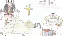 Dessin d'enfant de 10-12 ans sur la thématique de l'Égypte (pyramides, dromadaire, Anubis)