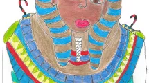 Dessin d'enfant de 10-12 ans sur la thématique de l'Égypte (pharaon avec sa coiffe)