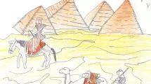 Dessin d'enfant de 10-12 ans sur la thématique de l'Égypte (pyramides, voyageurs avec dromadaire)