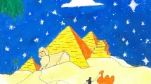 Dessin d'enfant de 10-12 ans sur la thématique de l'Égypte (sphynx, pyramides, chameau)