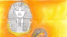 Dessin d'enfant de 10-12 ans sur la thématique de l'Égypte (pyramides, pharaon, Champollion)