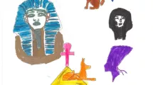 Dessin d'enfant de 10-12 ans sur la thématique de l'Égypte (pharaon, pyramide, hiéroglyphes)