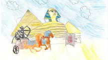 Dessin d'enfant de 10-12 ans sur la thématique de l'Égypte (char, sphynx, pyramides)