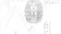 Dessin d'enfant de 10-12 ans sur la thématique de l'Égypte (pharaon, hiéroglyphes, pyramide, Champollion)