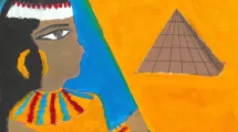 Dessin d'enfant de 10-12 ans sur la thématique de l'Égypte (pyramide, femme de profil)