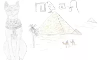 Dessin d'enfant de 10-12 ans sur la thématique de l'Égypte (hiéroglyphes, pyramides, déesse chatte)