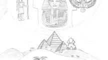 Dessin d'enfant de 10-12 ans sur la thématique de l'Égypte (pharaon, sphynx, pyramides)