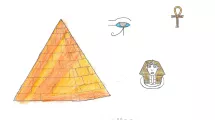 Dessin d'enfant de 10-12 ans sur la thématique de l'Égypte (hiéroglyphes, pyramide, symboles égyptiens)