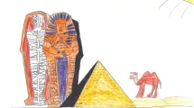 Dessin d'enfant de 10-12 ans sur la thématique de l'Égypte (momie, pharaon, pyramide)