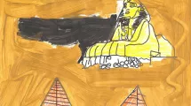 Dessin d'enfant de 10-12 ans sur la thématique de l'Égypte (sphynx, sable, pyramides)