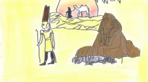 Dessin d'enfant de 10-12 ans sur la thématique de l'Égypte (sphynx, chameau, pharaon de profil)