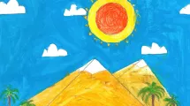 Dessin d'enfant de 10-12 ans sur la thématique de l'Égypte (pyramides, soleil, palmiers)