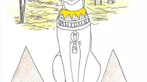 Dessin d'enfant de 10-12 ans sur la thématique de l'Égypte (pyramides, déesse chatte, dromadaires)