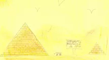 Dessin d'enfant de 10-12 ans sur la thématique de l'Égypte (pyramide, hiéroglyphes, dunes de sable)