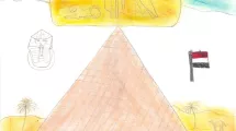 Dessin d'enfant de 10-12 ans sur la thématique de l'Égypte (pyramide, hiéroglyphes, drapeau égyptien)