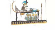 Dessin d'enfant de 10-12 ans sur la thématique de l'Égypte (Anubis penché sur le coeur d'une momie)