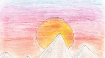 Dessin d'enfant de 10-12 ans sur la thématique de l'Égypte (coucher de soleil derrière des pyramides)