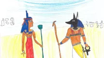 Dessin d'enfant de 10-12 ans sur la thématique de l'Égypte (dieu et déesse, hiéroglyphes)