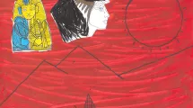 Dessin d'enfant de 10-12 ans sur la thématique de l'Égypte (pharaon, pyramides, visage de profil)