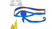 Dessin d'enfant de 10-12 ans sur la thématique de l'Égypte (oeil d'Horus, pyramides, pharaon)