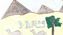 Dessin d'enfant de 10-12 ans sur la thématique de l'Égypte (pyramides, dromadaires, hiéroglyphes)