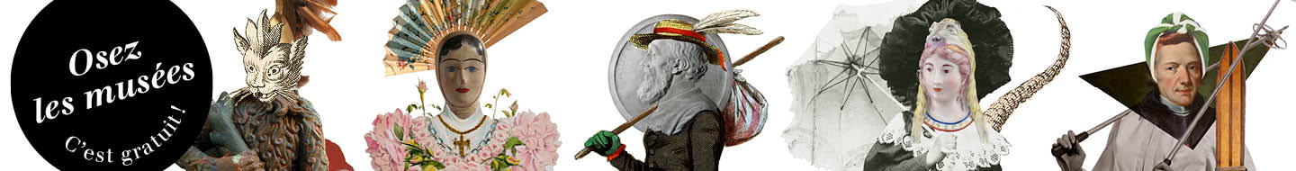 Soyez curieux, osez les musées ! Bannière "Soyez curieux, osez les musées !" avec 5 personnages composés d'objets de collection des musées départementaux.