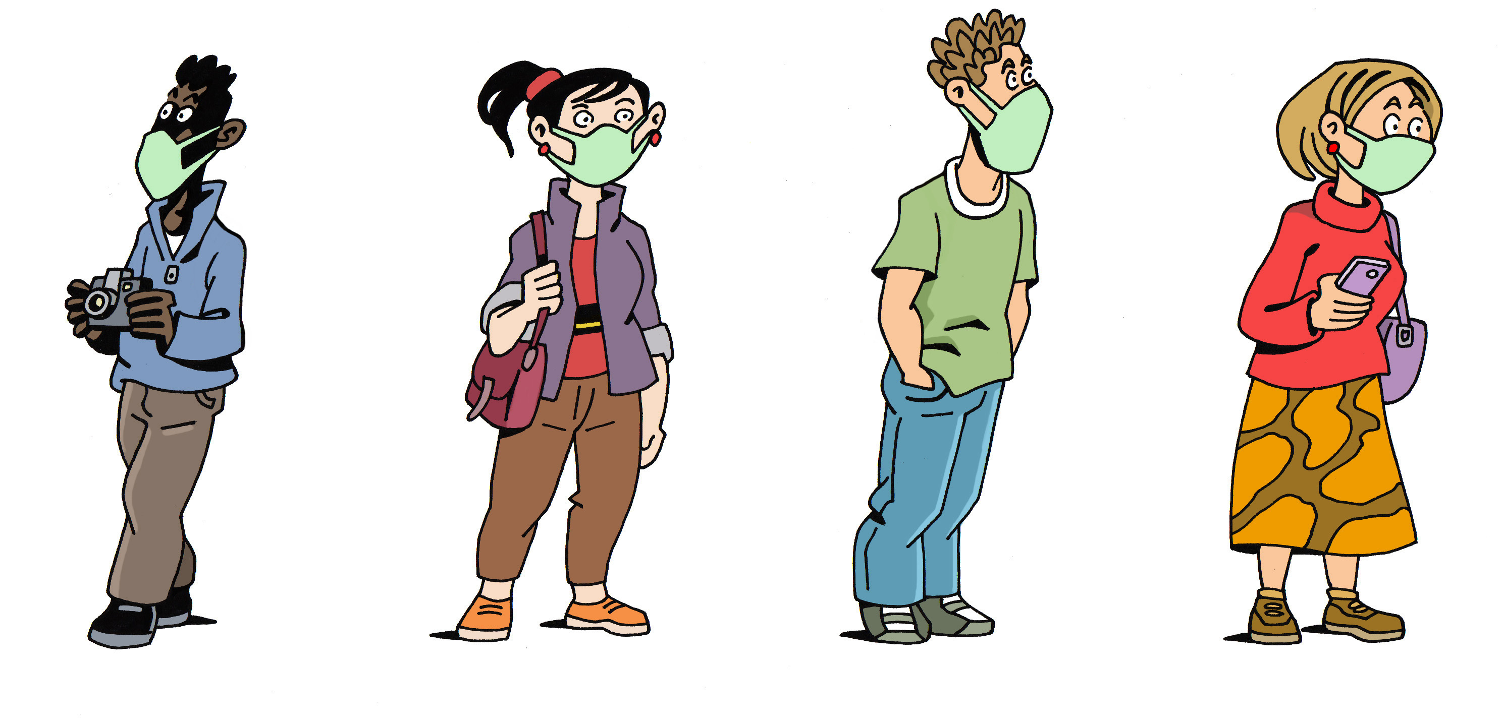 4 visiteurs de musées dessin N. Julo Dessin coloriés de 4 visiteurs (hommes et femmes) © Nicolas Julo