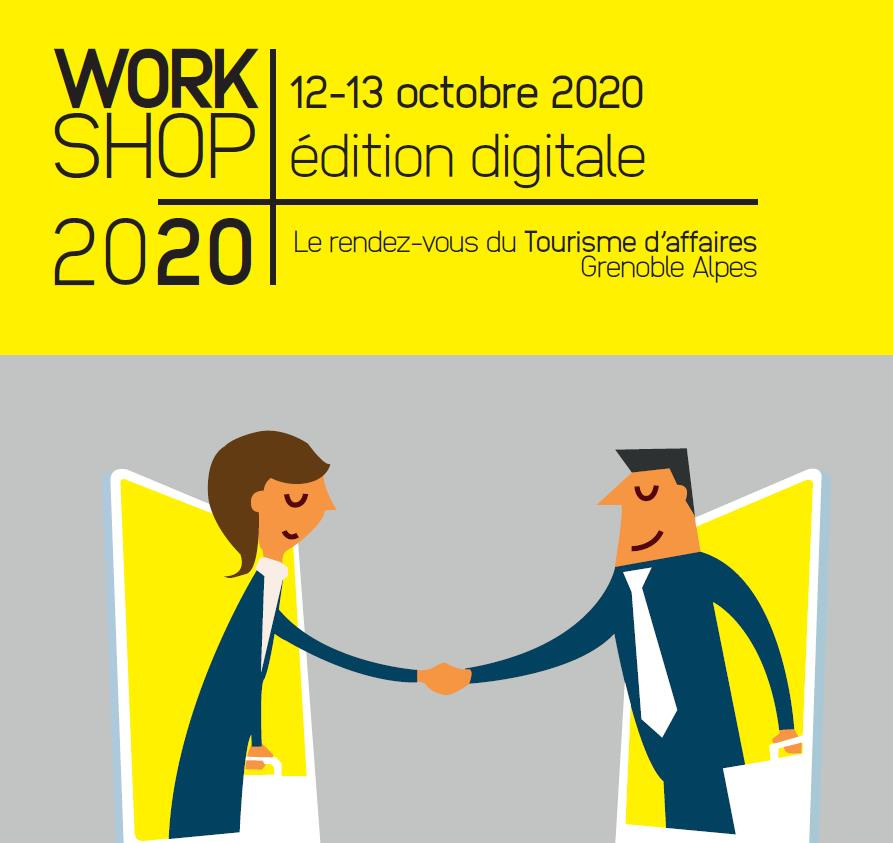 WorkShop affaires 2020 titre de l'évènement sur fond jaune vif puis deux professionnels se serrant la main