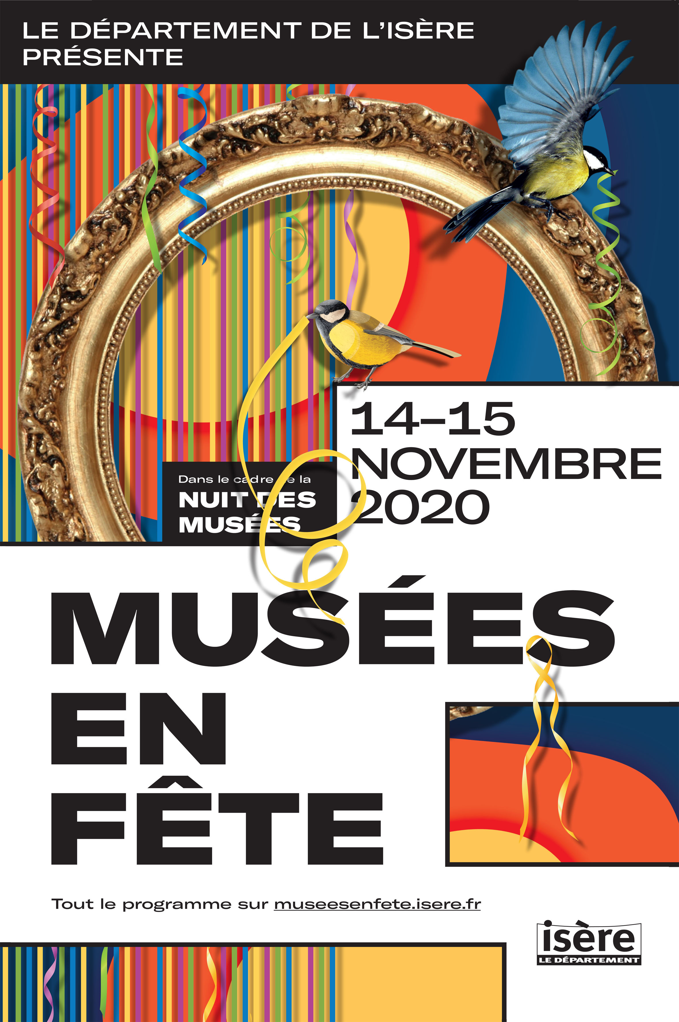 Musées en fête affiche 2020 un cadre de tableau rond et doré sur un fond très coloré avec des oiseaux