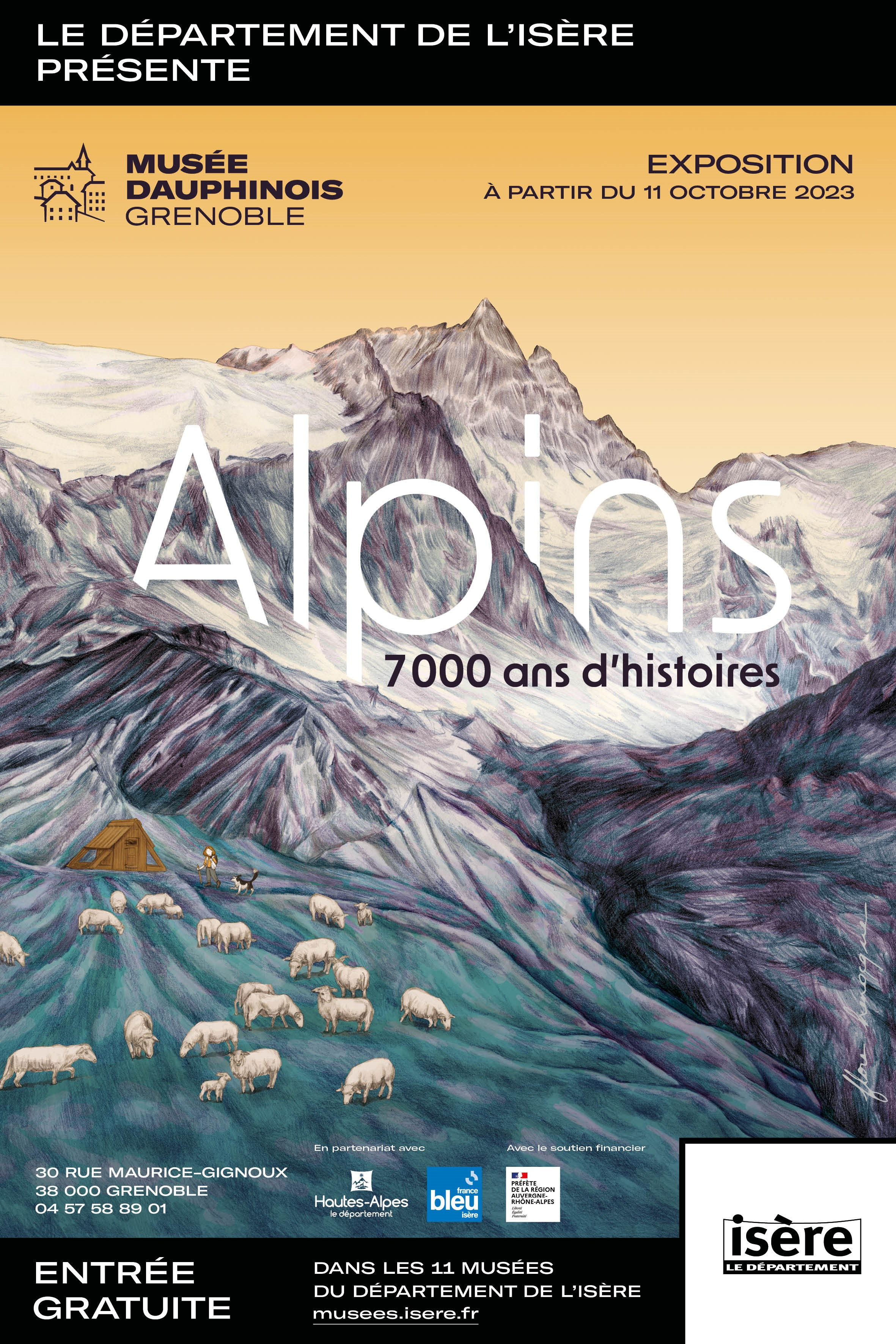 Affiche de l'exposition "Alpins, 7000 ans d'histoire" composée d'une illustration au crayon représentant un alpage au soleil couchant