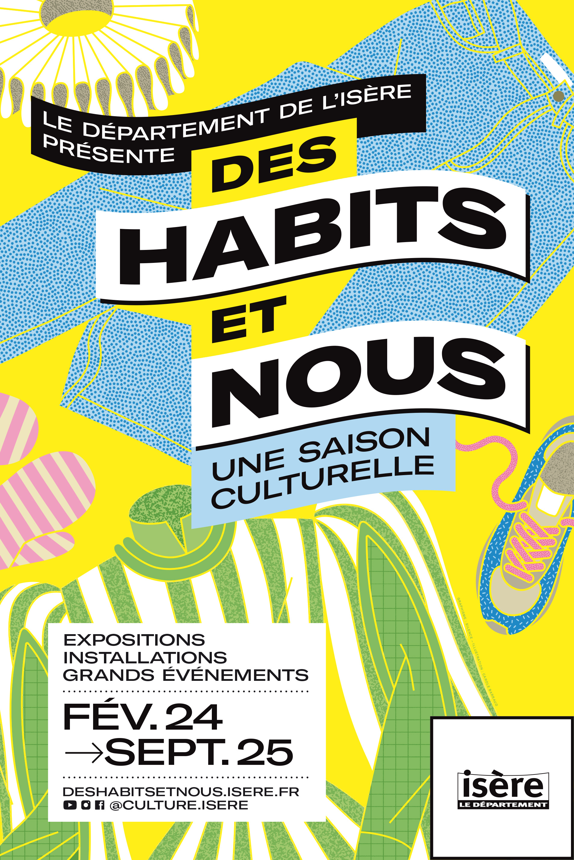 Affiche de la saison culturelle "Des habits et nous" composée d'illustrations stylisées de vêtements (pantalon, moufles, basket, collerette) sur fond jaune