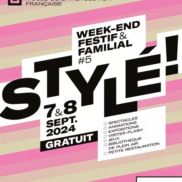 Affiche de l'évènement "Stylé" au Domaine de Vizille, titre et informations en noir sur fond rayé rose et beige