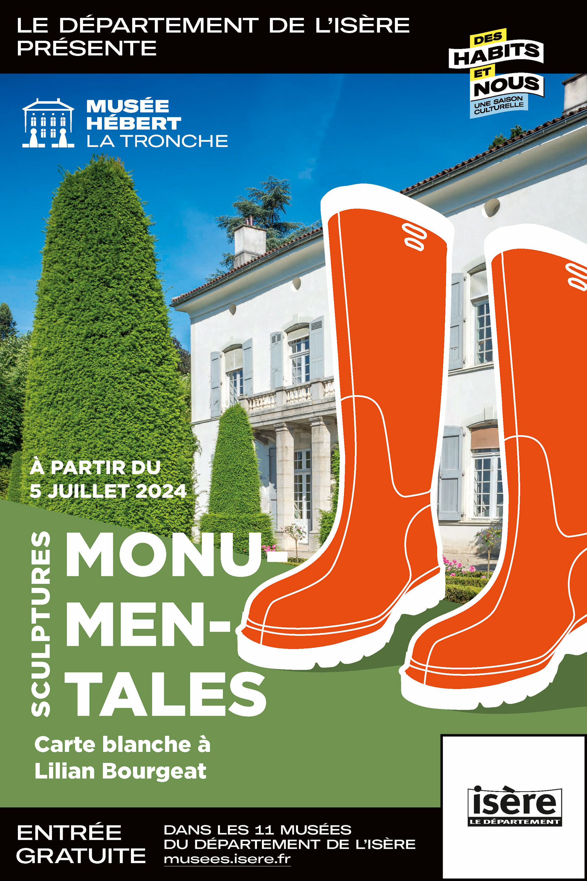 Photographie de la façade du musée Hébert avec une paire de grandes bottes oranges de jardin dessinées au premier plan et le titre "Sculptures monumentales, carte blanche à Lilian Bourgeat" © Visuel de com Lilian Bourgeat au Musée Hébert