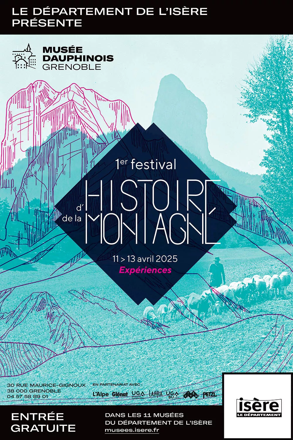 affiche du 1er festival d'histoire de la montagne qui porte sur le thème des expériences
