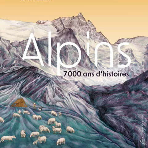 Affiche de l'exposition "Alpins, 7000 ans d'histoire" composée d'une illustration au crayon représentant un alpage au soleil couchant