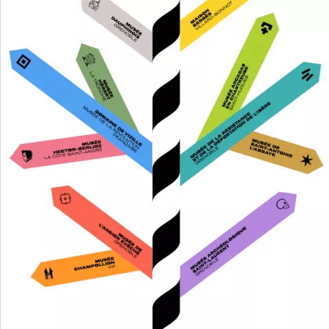 Panneau directionnel stylisé rappelant un arbre indiquant les onze musées du réseau des musées départementaux