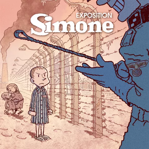 Affiche de l'exposition "Simone" composée d'une illustration montrant un enfant dans un camp de concentration regardant avec détermination un SS le menaçant d'une cravache