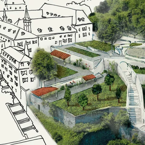 Visuel des nouveaux jardins du Musée dauphinois : vue aérienne des jardins mixant croquis et prise de vue réelle
