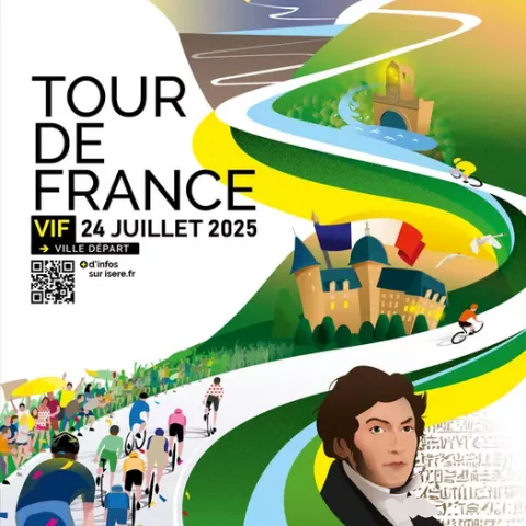 Visuel du Tour de France en isère 2025. Dessins des coureurs, de Champollion et du Domaine de Vizille.