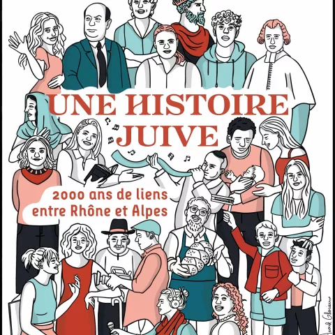 Affiche de l'exposition Une histoire juive représentant une foule de personnes dessinées par l'illustratrice Anouk Glorieux