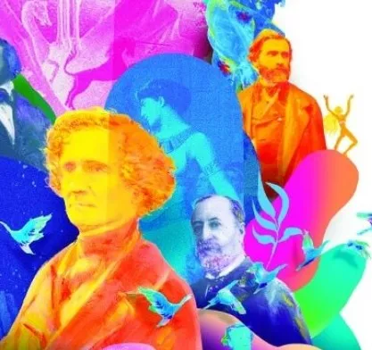Festival Berlioz 2022 Détail de l'affiche du festival Berlioz 2022, montages d'extraits de photographies anciennes : personnages détourés et recolorisé via des couleur vivess