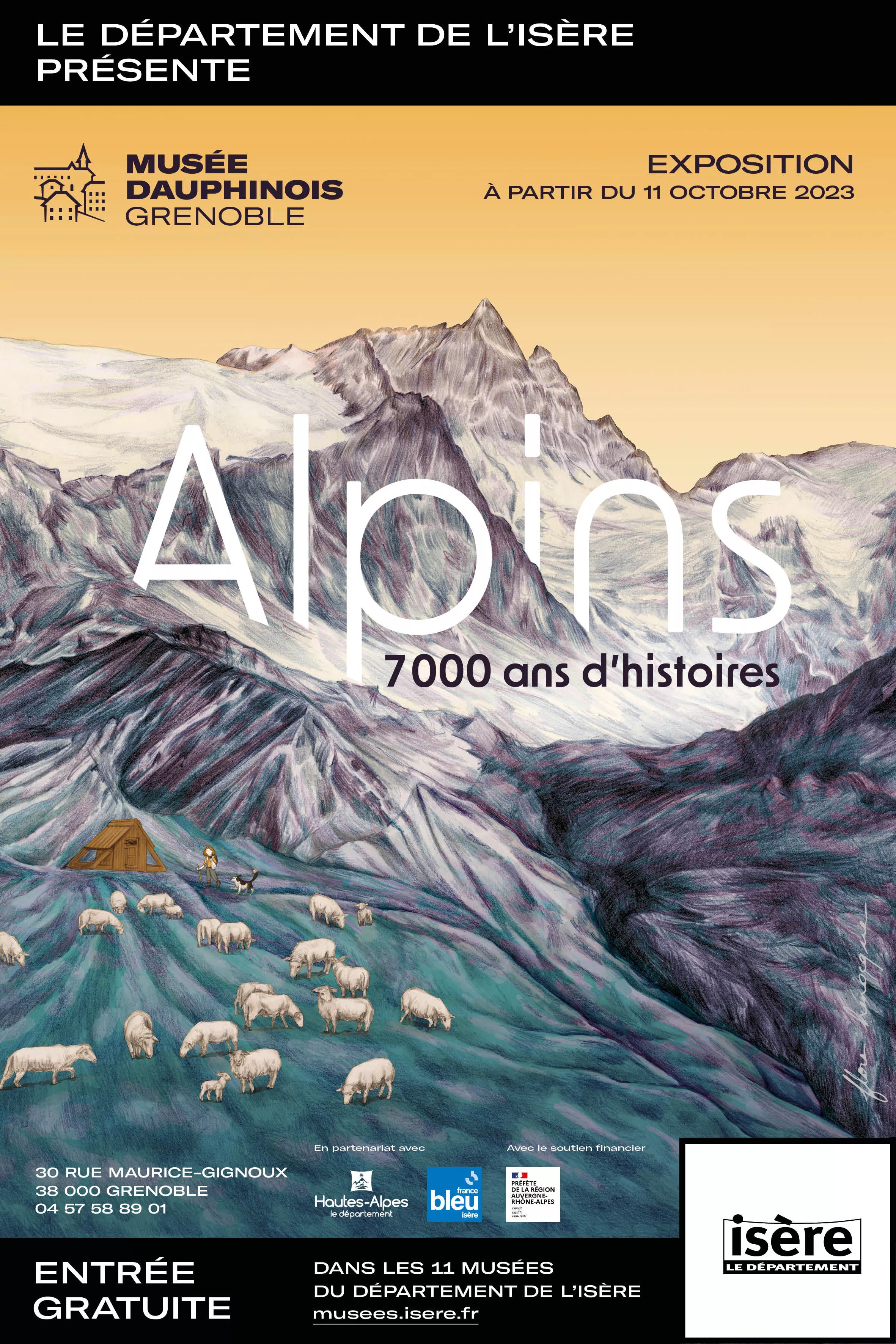 Affiche de l'exposition "Alpins, 7000 ans d'histoire" composée d'une illustration au crayon représentant un alpage au soleil couchant