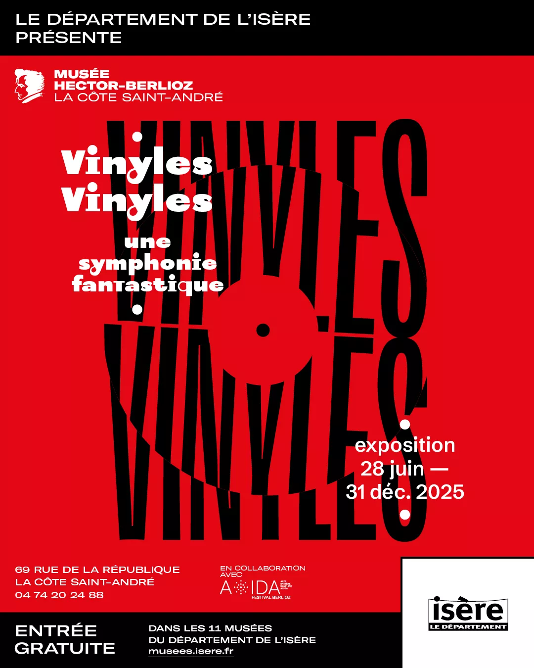Exposition - Vinyles, vinyles ! Une symphonie fantastique affiche de l'exposition avec le titre en noir et le fond rouge et un cercle au centre symbolisant le disque