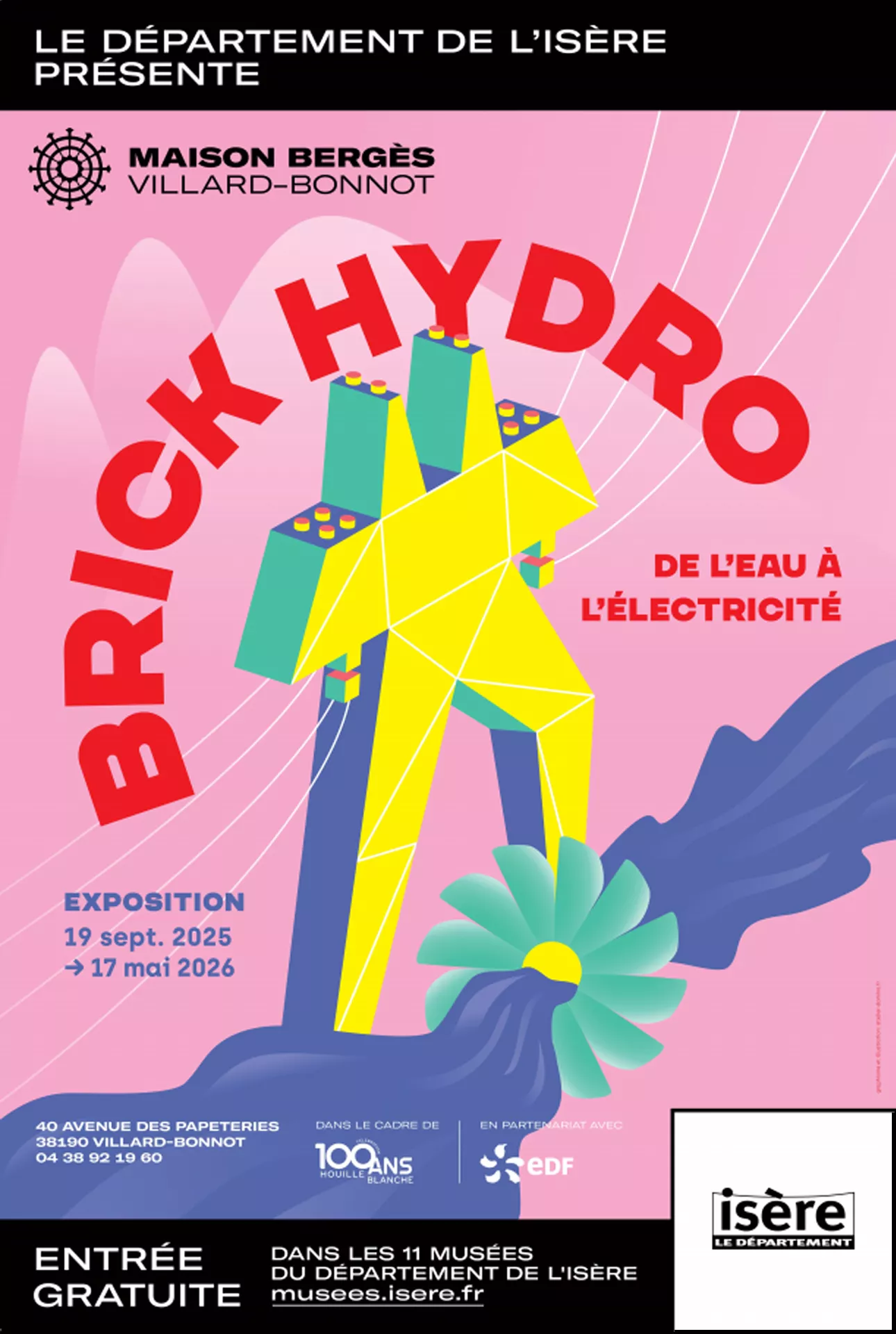 Affiche de l'exposition temporaire. Brick hydro. De l'eau à l'électricité Pylône grimpant les pieds dans l'eau
