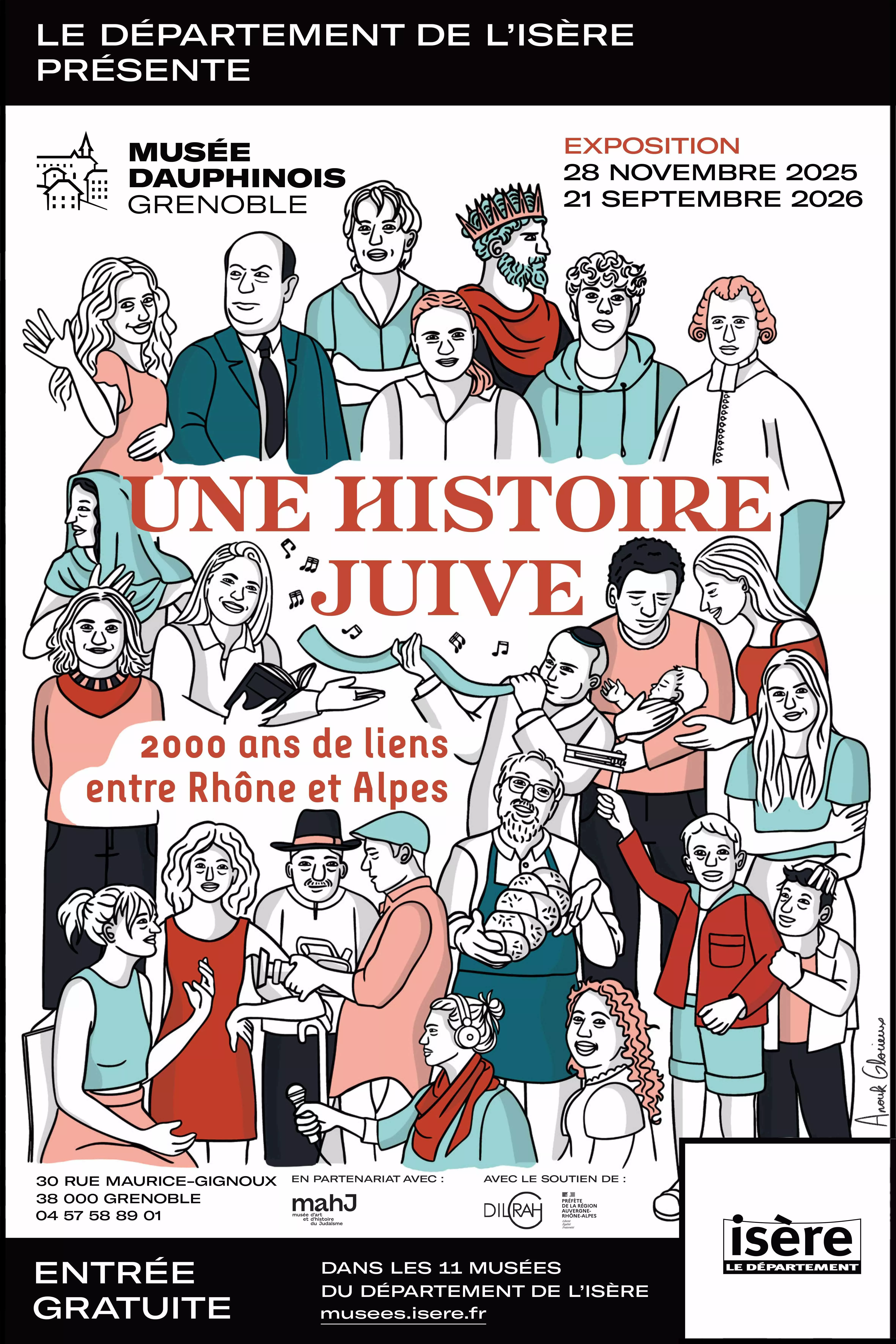 Affiche Une histoire juive Affiche de l'exposition "Une histoire juive" composée d'un dessin d'Anouk Glorieux représentant une foule de personnages historiques et anonymes représentant la diversité des personnes représentées dans l'exposition