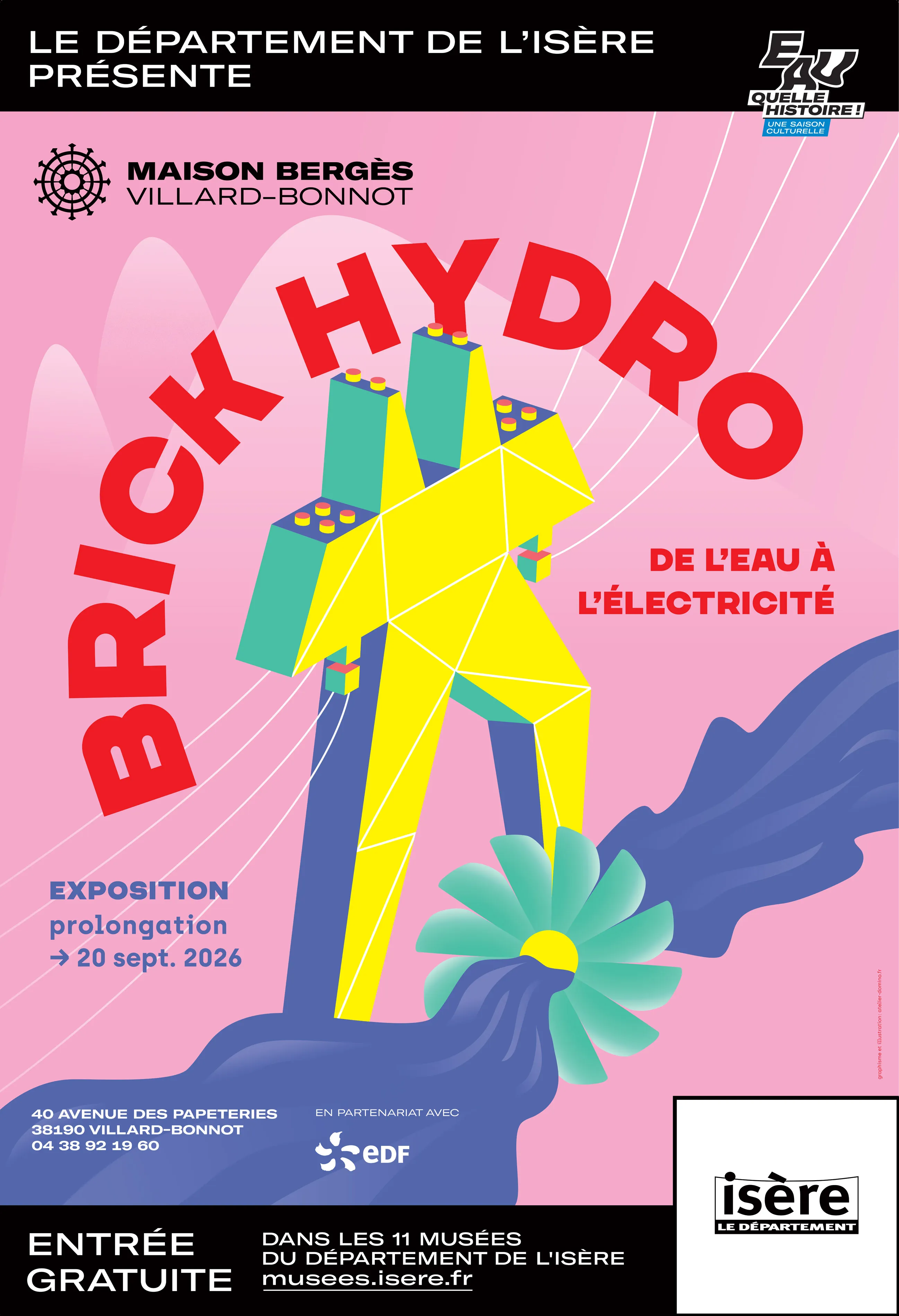 Pylône grimpant les pieds dans l'eau © Maison Bergès, graphisme et illustration : atelier Domino