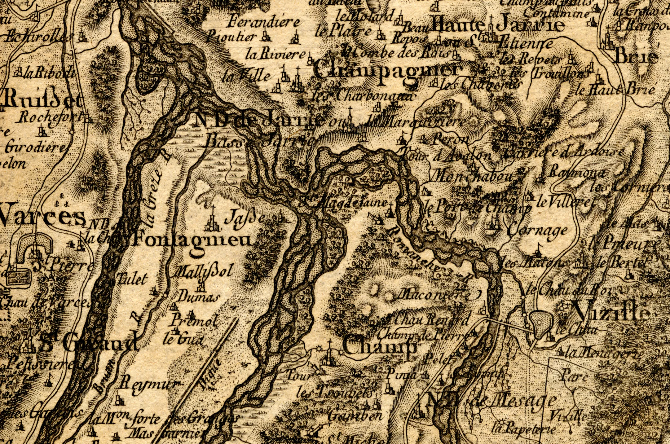 Carte Cassini Vizille XVIIème siècle © ©Coll. Musée de la Révolution française-Domaine de Vizille/Département de l'Isère Vue de la Carte de Cassini représentant Vizille XVIIème siècle © ©Coll. Musée de la Révolution française-Domaine de Vizille/Département de l'Isère
