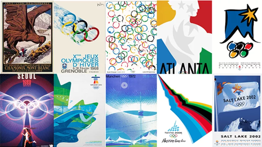 Montage d'une sélection de dix affiches des Jeux Olympiques de 1924 à 2002