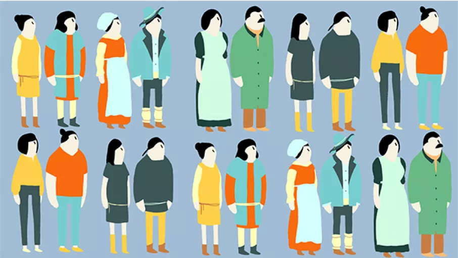 Illustration stylisée montrant l'évolution vestimentaire d'un couple alpin au fil du temps