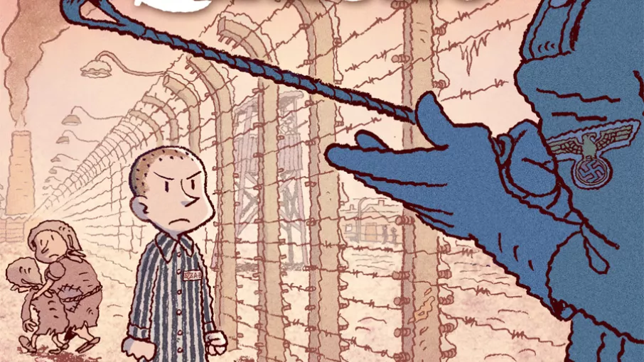 Affiche de l'exposition "Simone" composée d'une illustration montrant un enfant dans un camp de concentration regardant avec détermination un SS le menaçant d'une cravache